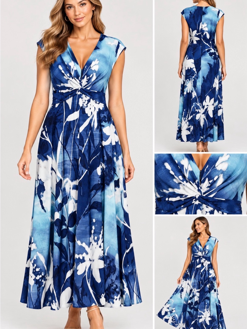 DKNY Blue Floral Twist Front Maxi Dress V Neck Cap Sleeve Size 10